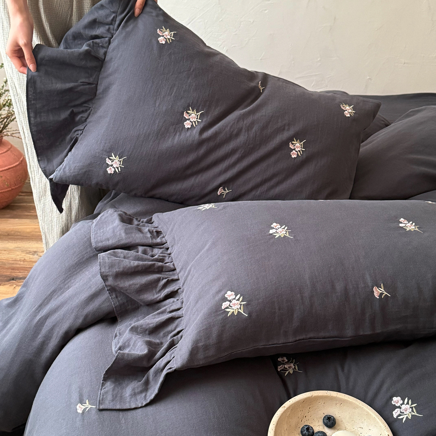 Cotton bedding set, 4-piece, crinkle texture