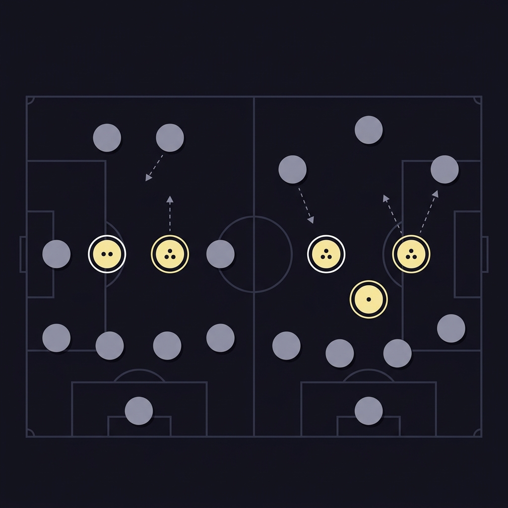 Minimal 2D vector split pitch comparison of a flat 4-4-2 and an asymmetric 4-3-3 formation with highlighted central numbers indicated by dot clusters designed for american football tips article