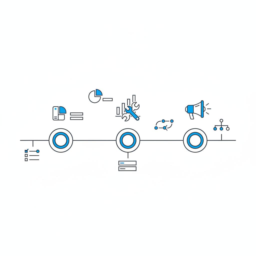 Minimalist vector notebook-style timeline with three milestone nodes and icons for tests, analytics fixes and pilot campaigns to hire digital marketing agency