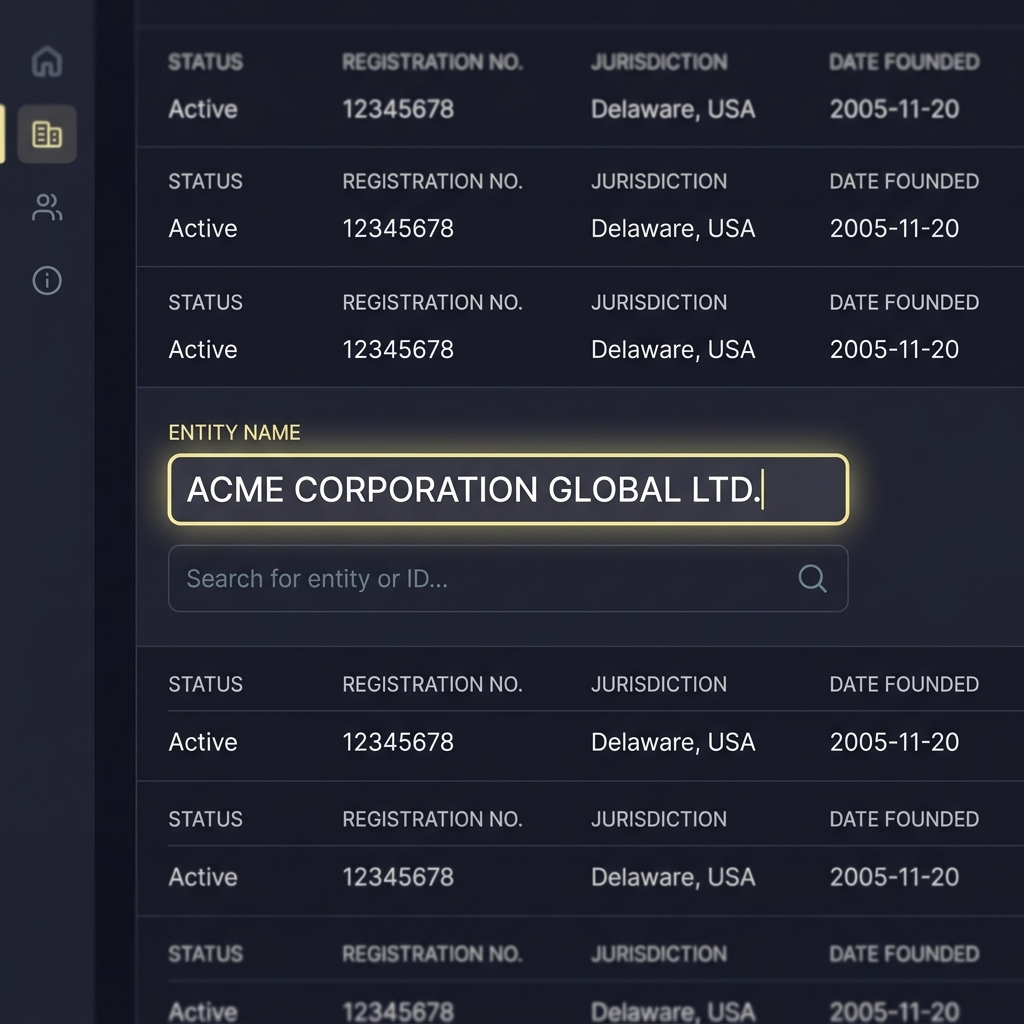 Close up corporate records search screen with highlighted entity name field on Funded Plays styled dark background showing american wagering record context