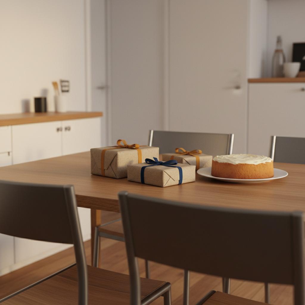 Intime Esstischszene mit hübsch verpackten ostergeschenke ohne schokolade, einfachem Vanillekuchen, warmes Licht und leichte Industrieakzente im minimalistischen Steelmonks-Stil.