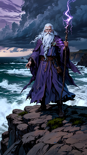 Powerful Wizard on Stormy Cliff Edge Purple Magic Staff - Free mobile Wallpaper
