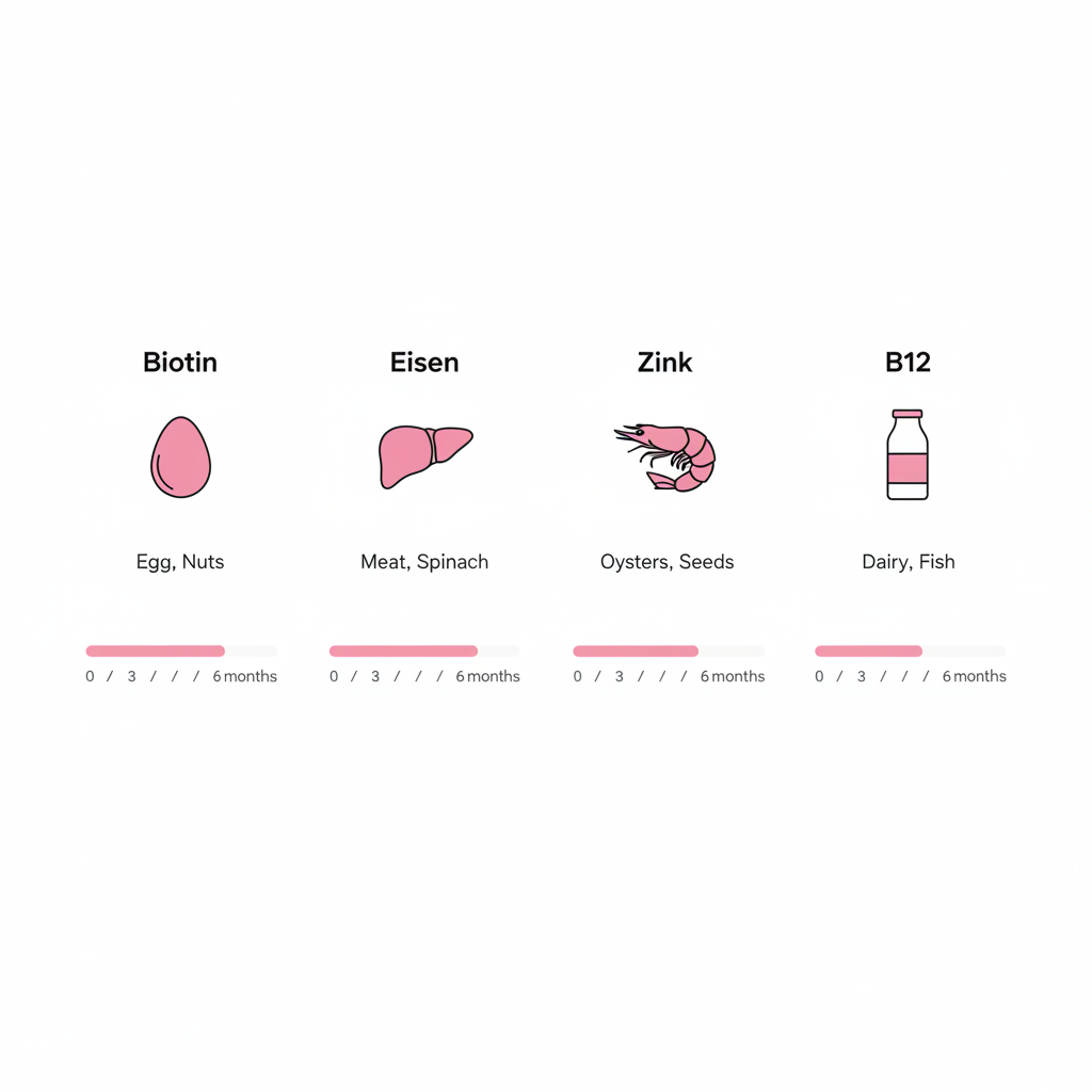 Minimalistische 2D-Vektor-Infografik zu Nährstoffen gegen brüchige Nägel mit vier Spalten (Biotin, Eisen, Zink, B12), Icons (Ei, Leber, Schalentiere, Milchflasche) und 0–6 Monate Timeline.