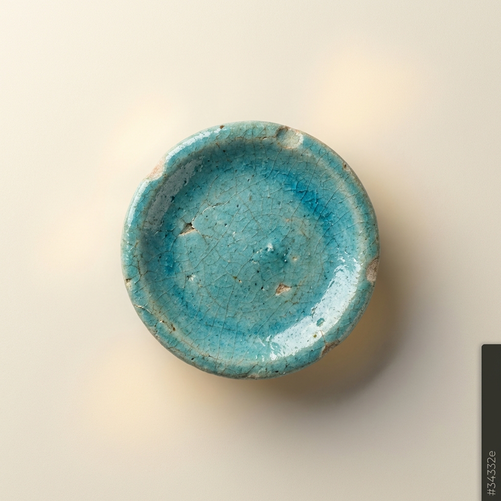 Macro close up of blue green faience glaze with crackle texture and worn edges minimalist composition evoking an egyptian ankh ring surface detail