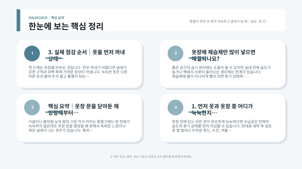 옷장 습기와 냄새를 줄이기 위해 환기와 제습 상태를 순서대로 점검하는 모습