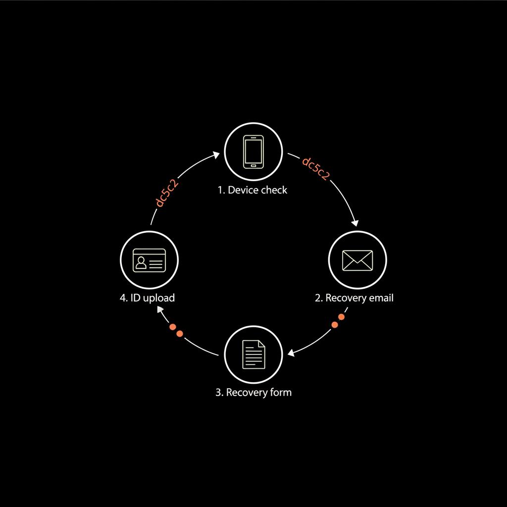 Minimal circular infographic on black background showing recovery steps to verify my google account: device check → recovery email → recovery form → ID upload, simple vector icons.