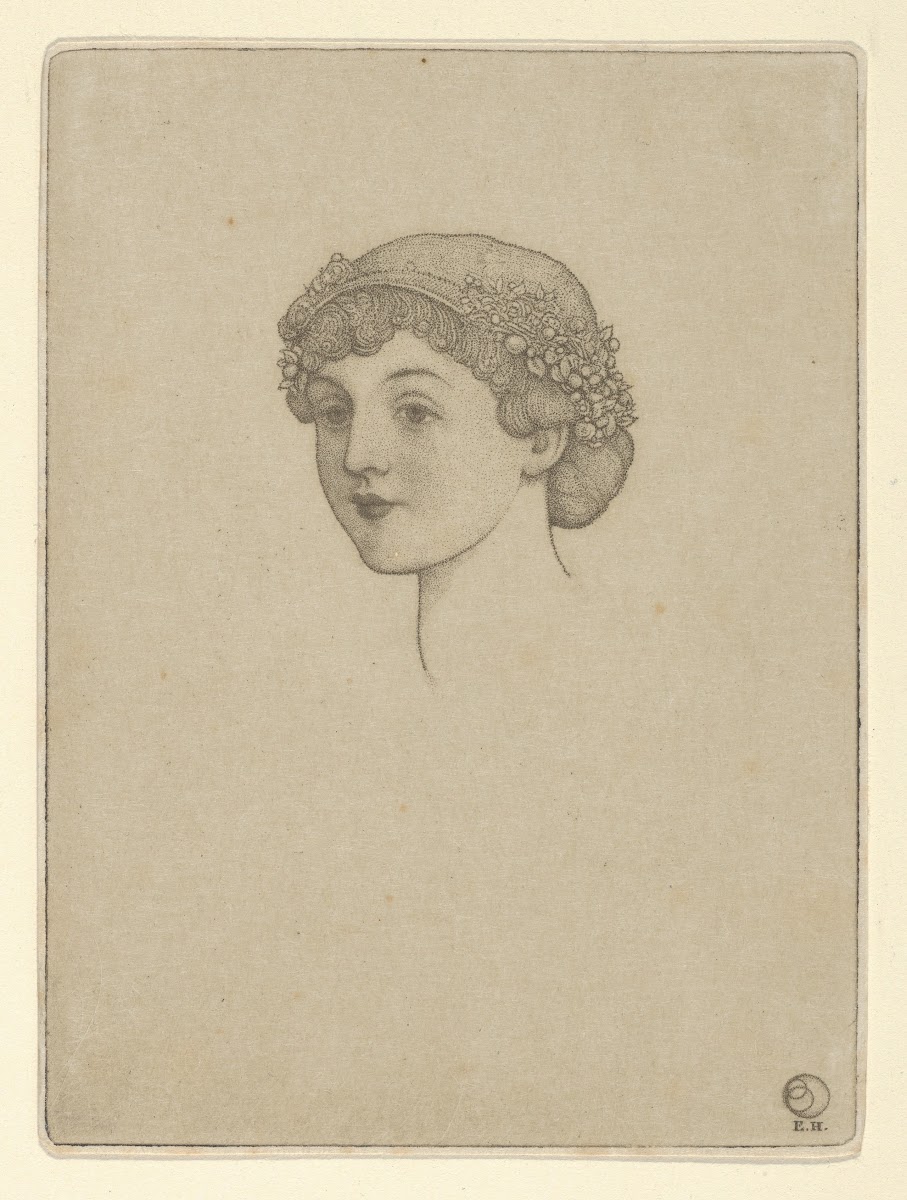 Portrait of a girls head with flowers in her hair between 1900 and 1925
