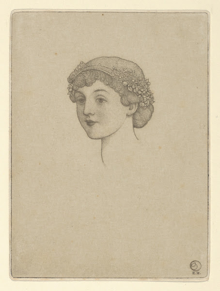 Portrait of a girls head with flowers in her hair between 1900 and 1925