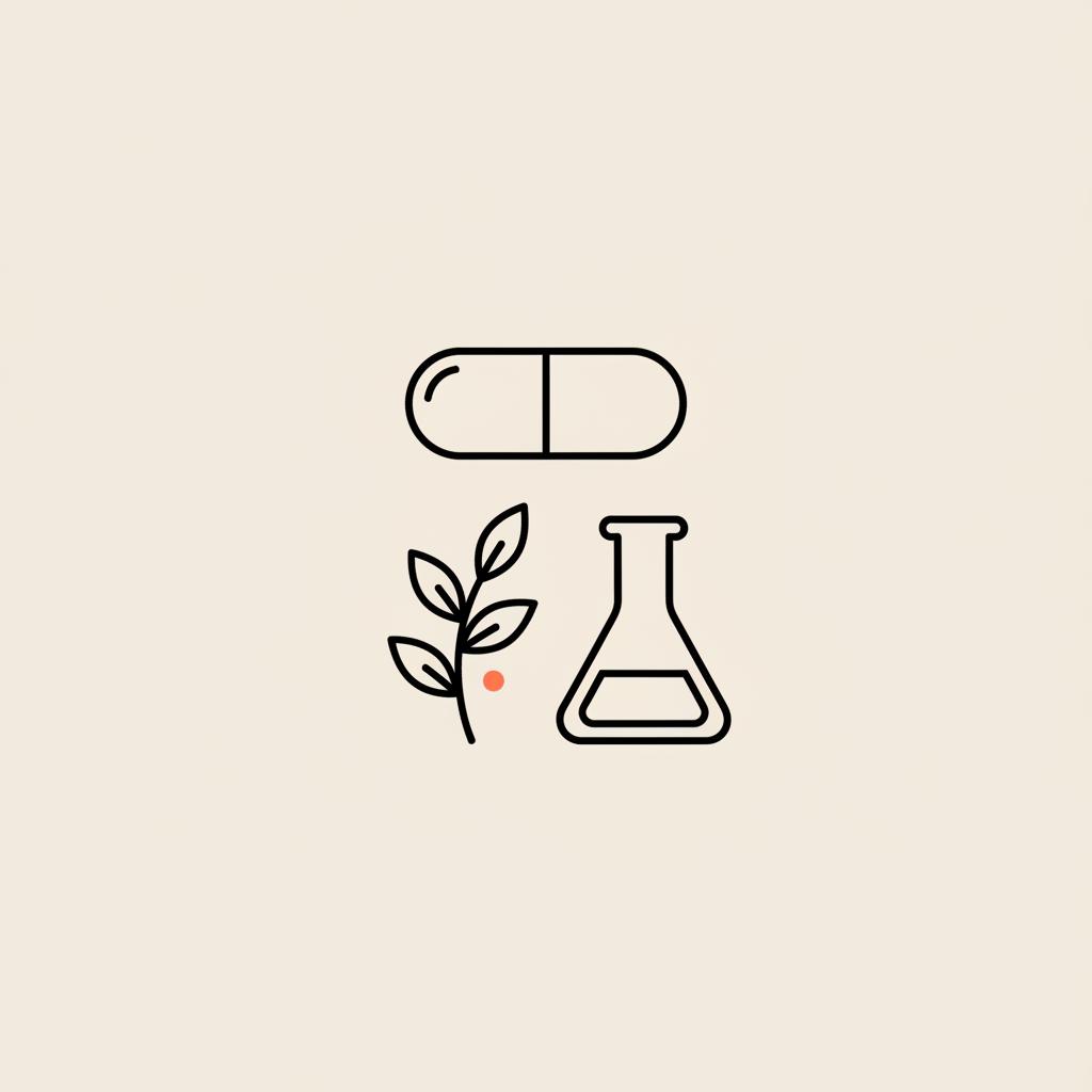 Minimal Tonum-style vector icon of a capsule, small plant sprig, and lab beaker on a beige background, representing berberine weight loss