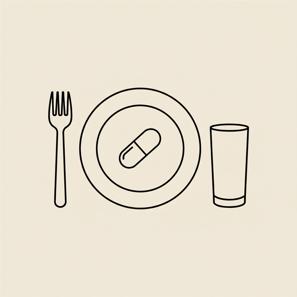 Minimal Tonum-style 2D vector of a plate with a fork, capsule on the plate, and a water glass on beige background — what shreds belly fat the fastest