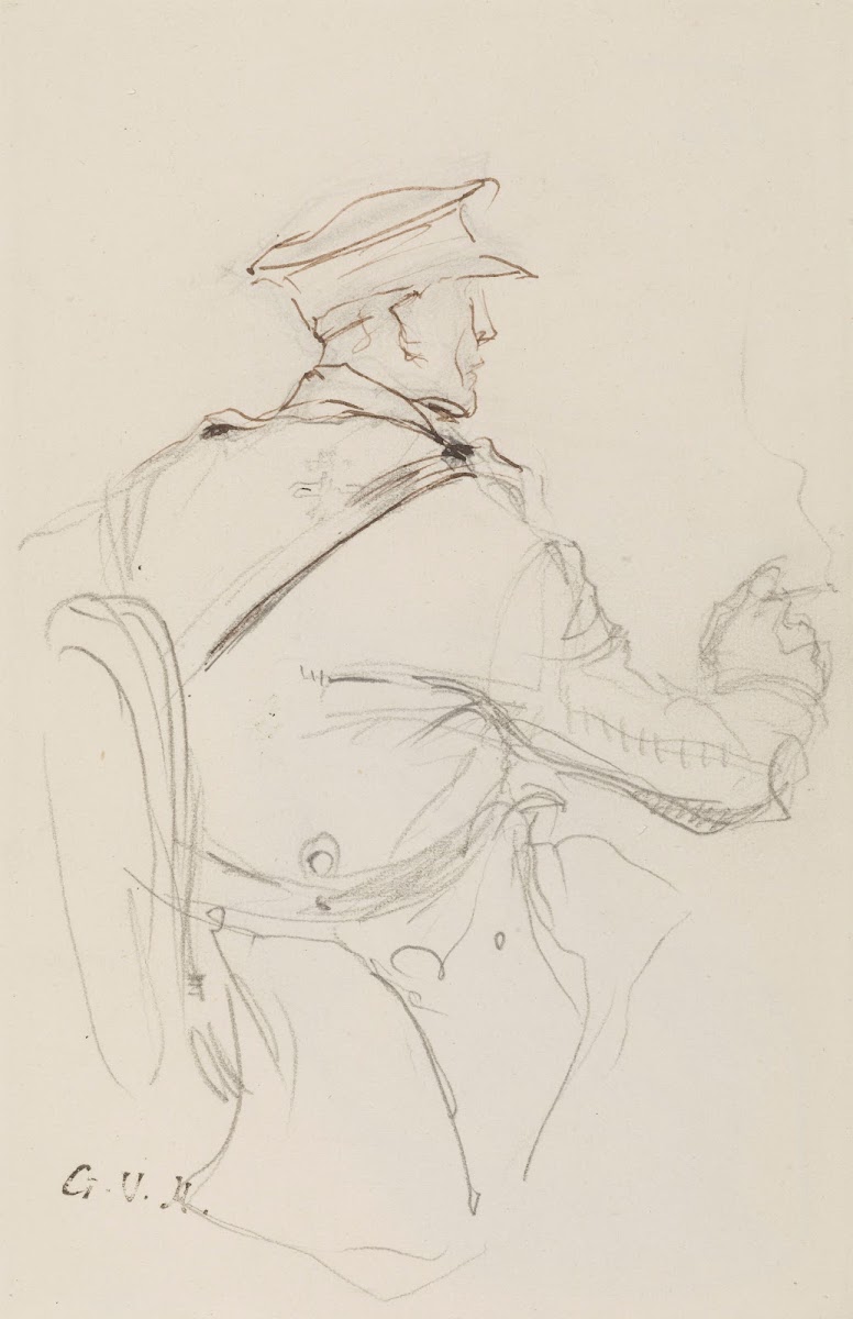 Homme assis vu de dos en uniforme