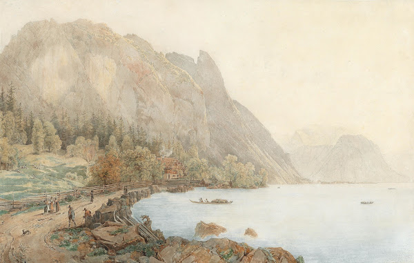 Motiv vom Attersee mit dem Höllengebirge und figürlicher Staffage
