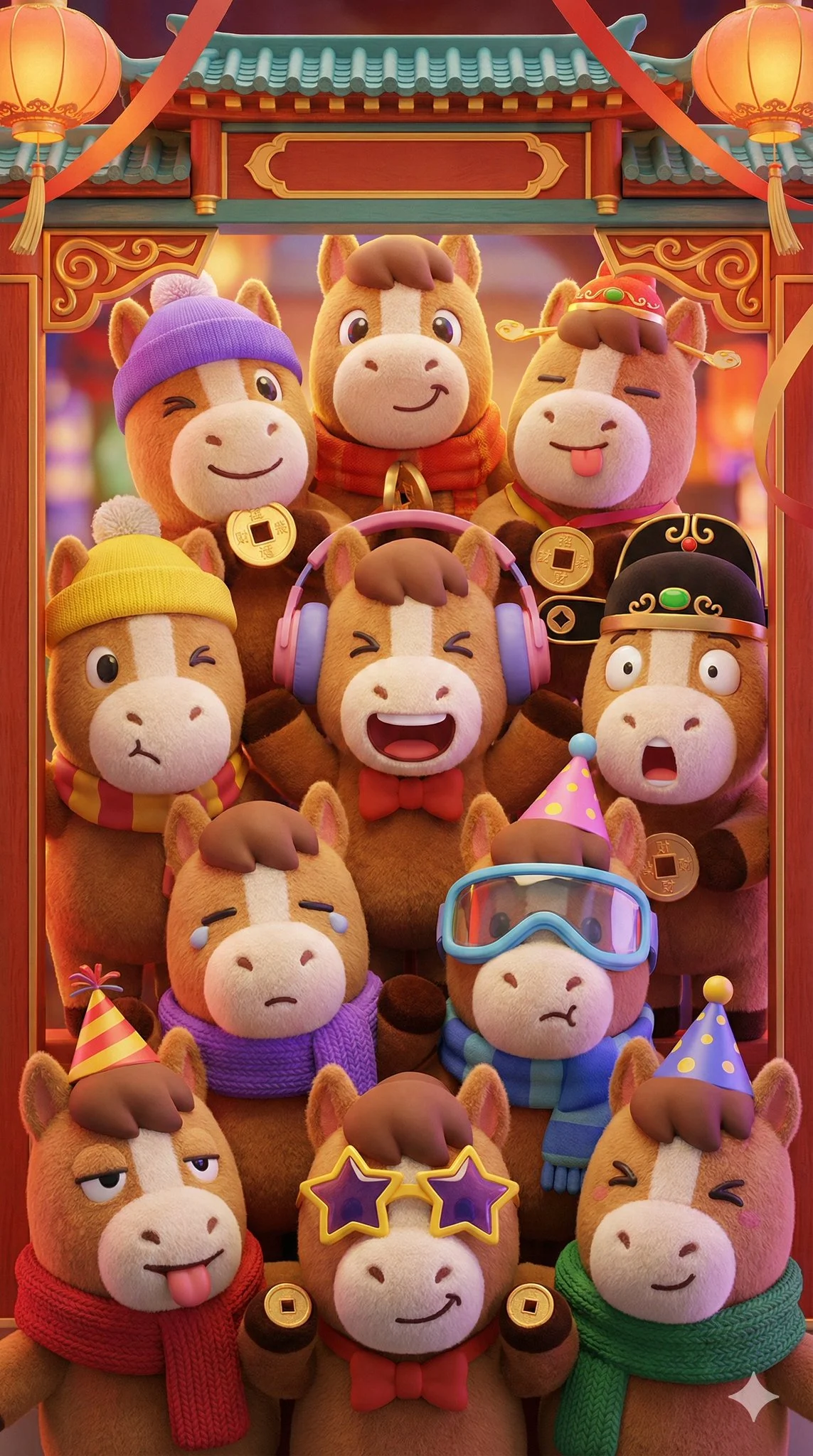 Fondo de pantalla vertical para teléfono con adorables peluches de caballos antropomórficos apilados en un arco chino festivo.