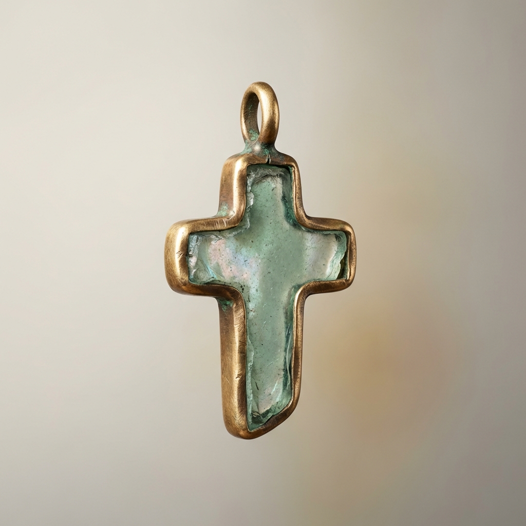 Macro close up of a roman glass cross necklace bezel and loop showing patina and tiny tool marks on aged bronze against a warm beige background