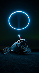 Conceptual Night Photo of an Abandoned Plane Wreck with Person and Floating Blue Light Ring