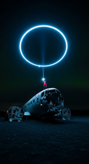 Conceptual Night Photo of an Abandoned Plane Wreck with Person and Floating Blue Light Ring - Free mobile Wallpaper