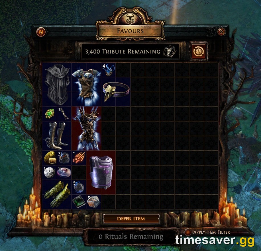 PoE2 Ritual Favours reward window showing offered items and their Tribute cost