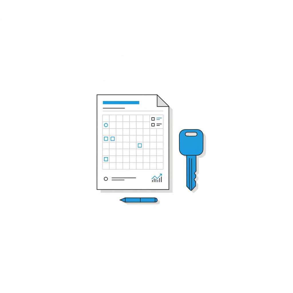 Minimalist 2D vector of a printed vehicle history report beside a Jeep Cherokee key on a white table indicating jeep cherokee for sale