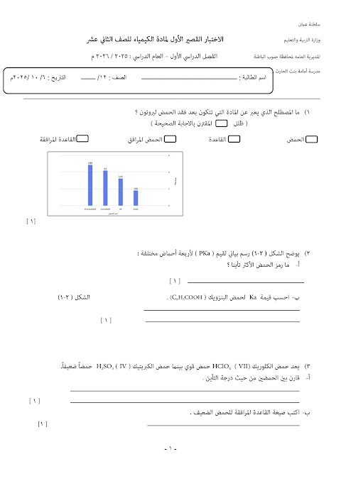 تجميع إختبارات قصيرة 1 - كيمياء الصف 12 الفصل 1
