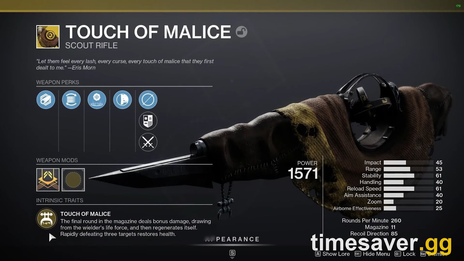 The Touch of Malice Exotic scout rifle inspect screen in Destiny 2, showing its stats and intrinsic trait