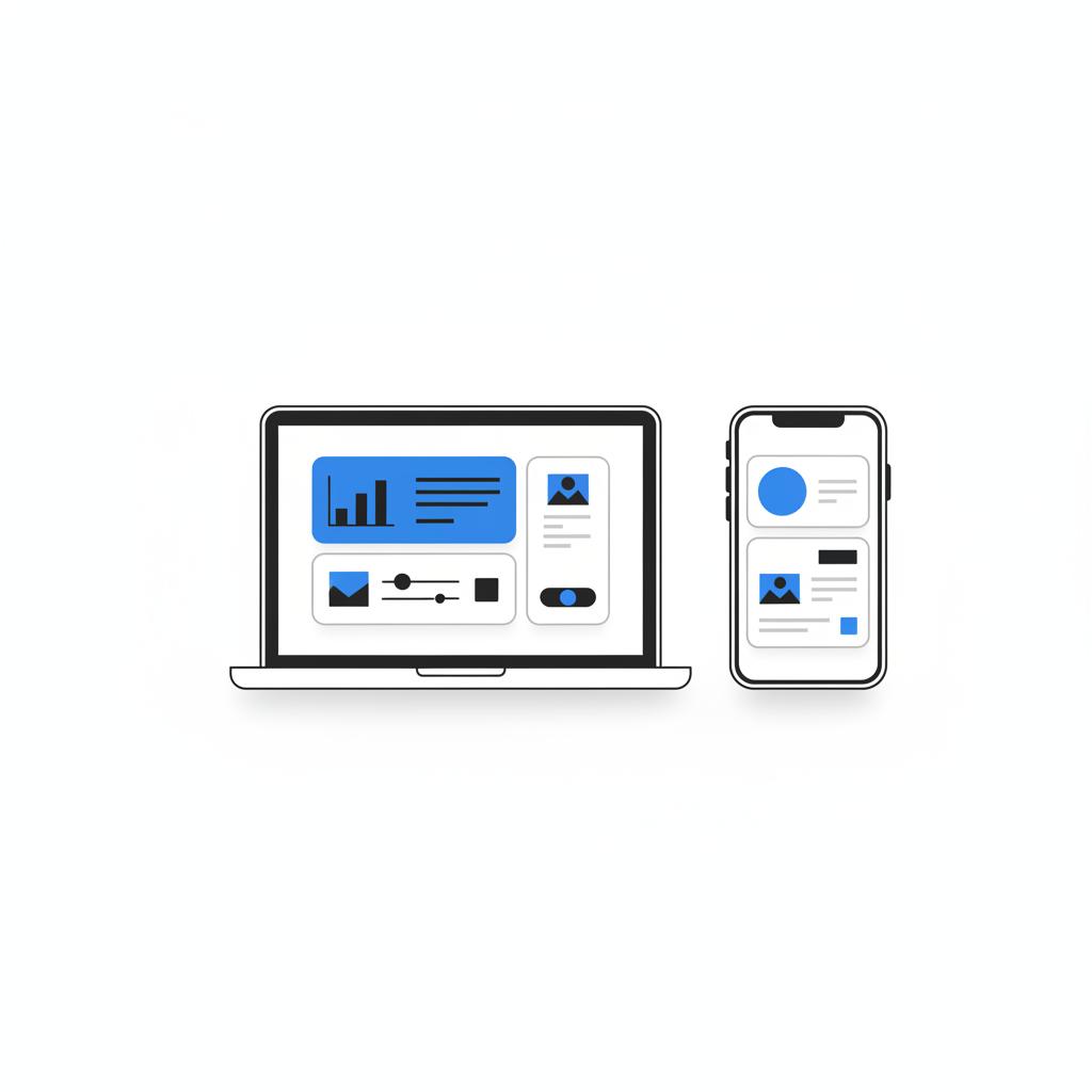 Minimal 2D vector of a laptop valuation tool and a phone showing local listings side by side representing edmonds auto values in CarFax Deals colors