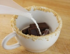 Chocolate đen cắt thành miếng nhỏ, cho vào cốc. Đun nóng sữa tươi, đổ từ từ sữa tươi vào cốc chocolate đen.