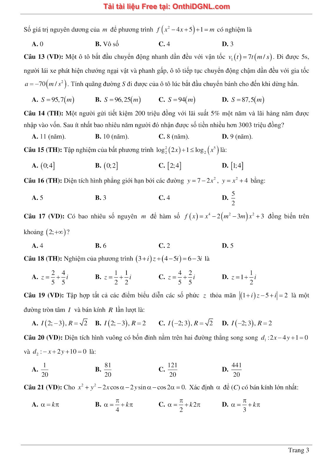 1300 bài tập môn Toán - Ôn thi ĐGNL ĐHQG Hà Nội Phần 7