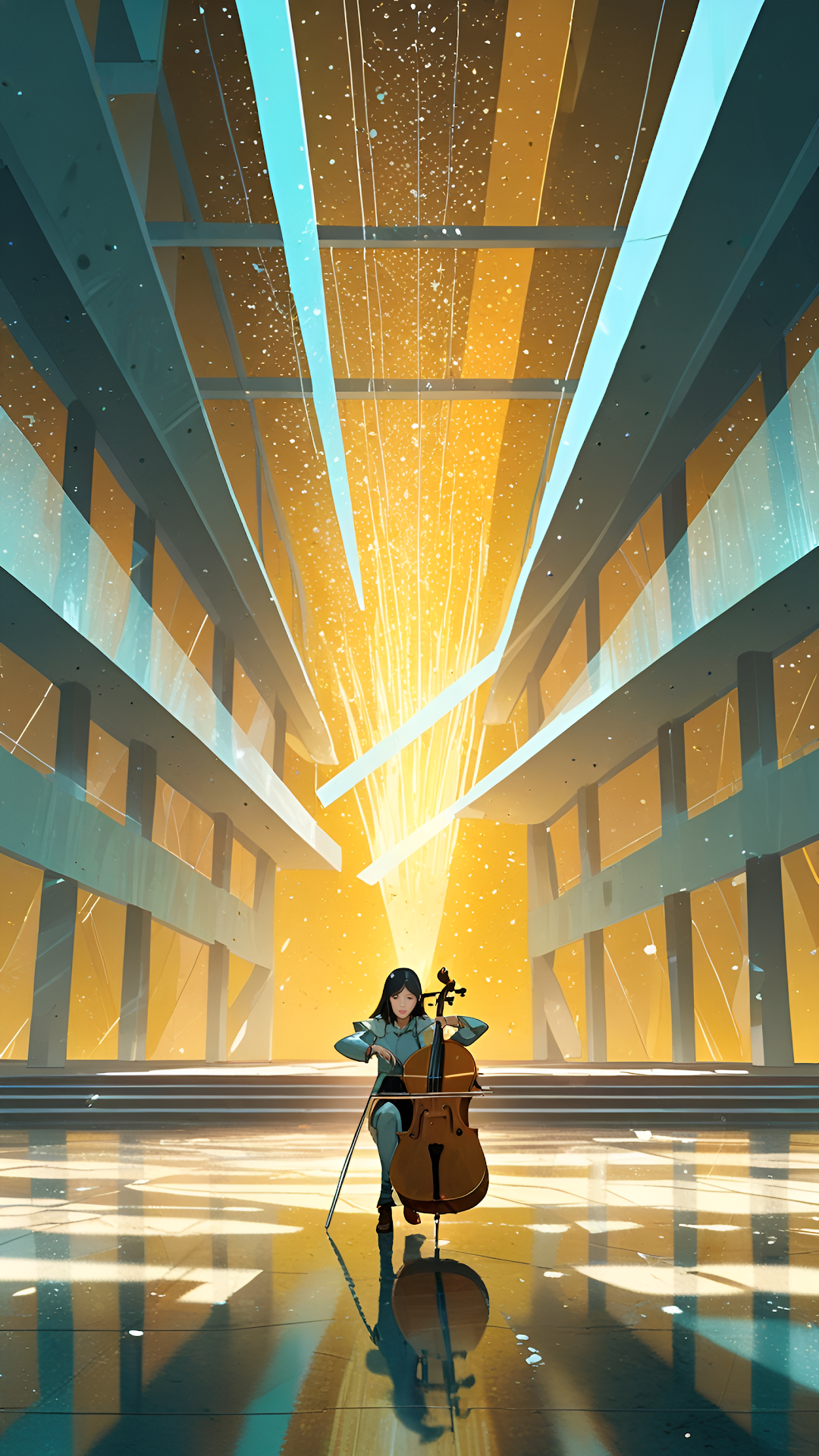 Cellist Performing in Golden Architectural Light Stream - Free 4K mobile Wallpaper