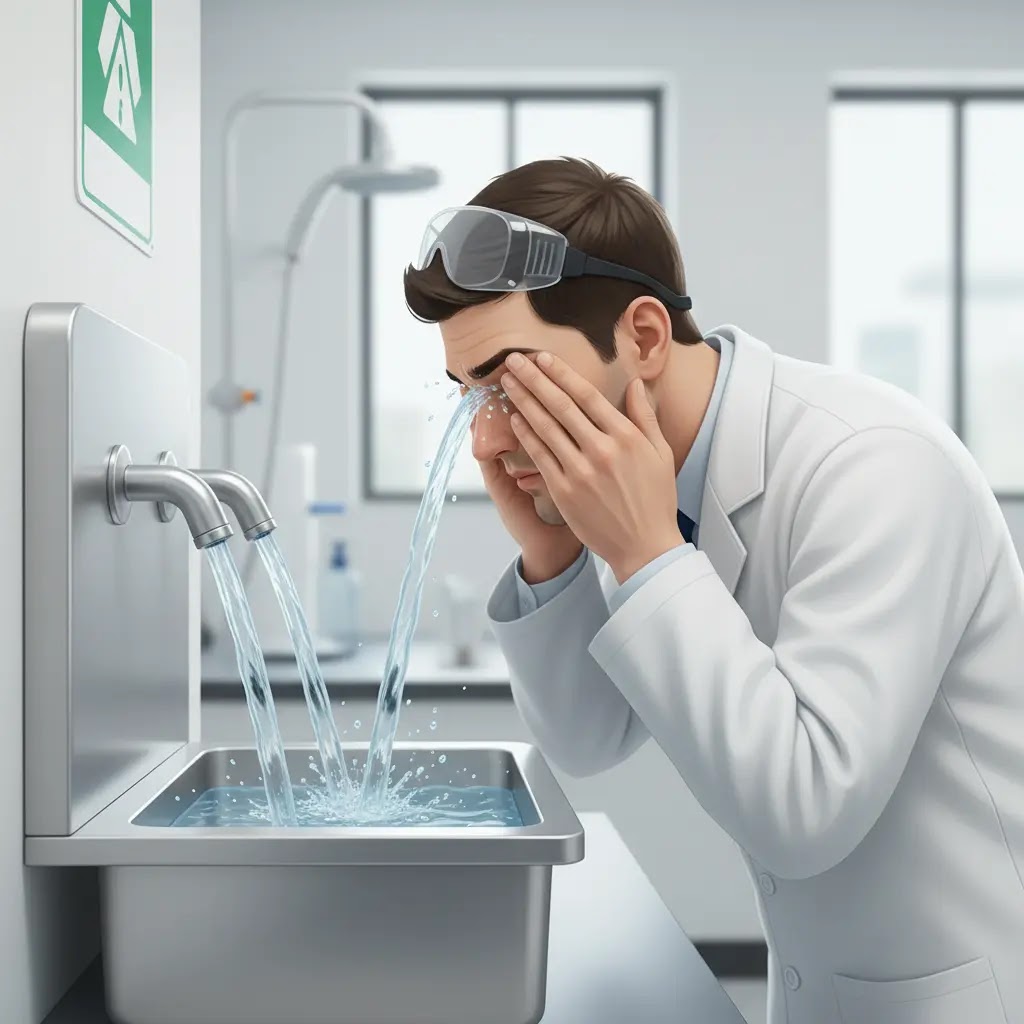 Cara menggunakan eyewash station yang benar saat terkena bahan kimia.