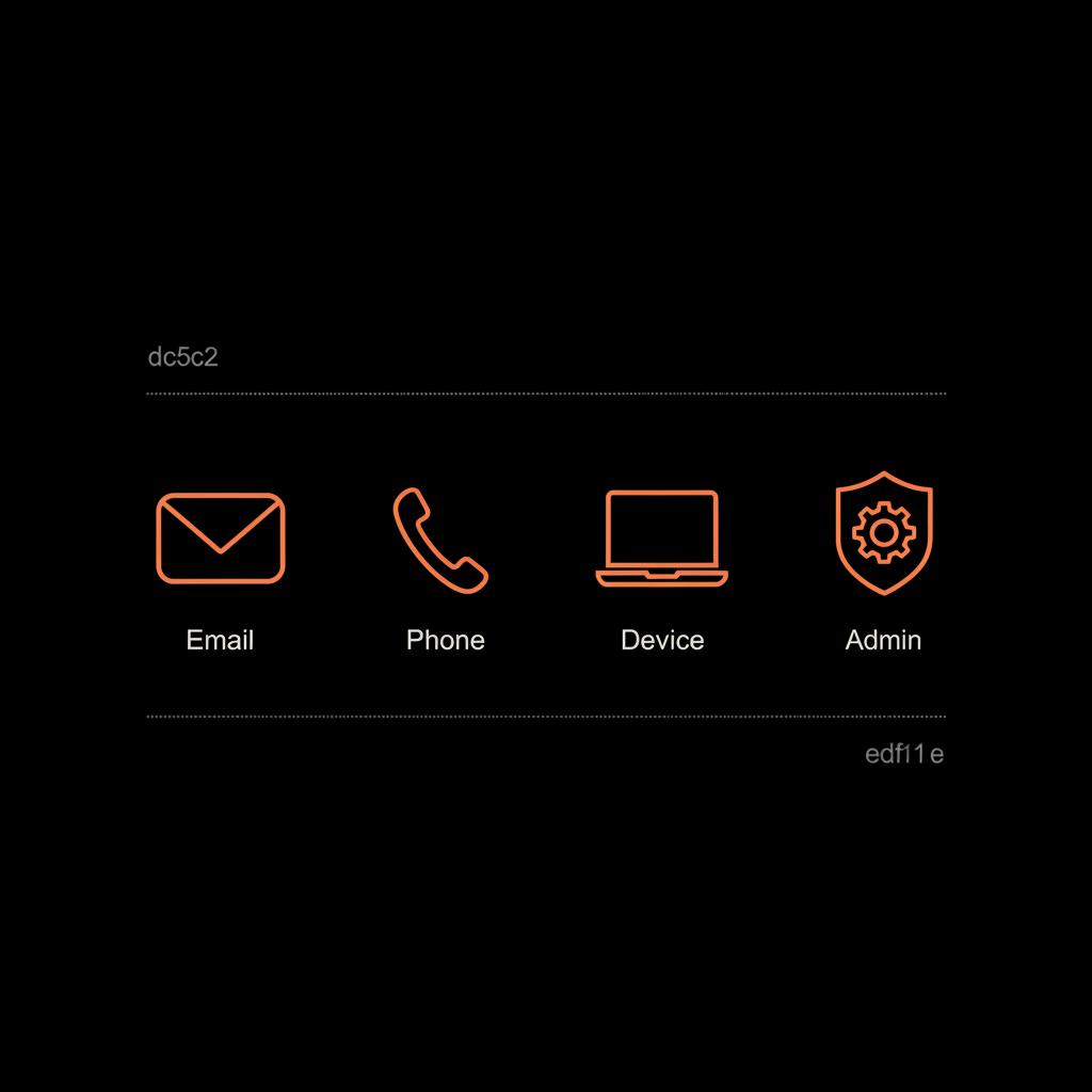 Minimal full-frame infographic for google account recovery showing four vector icons (email, phone, device, admin) on black background with orange accent highlights.