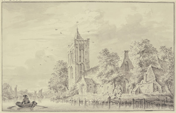 Dorfkirche am Wasser links rudert ein Mann einen Kahn