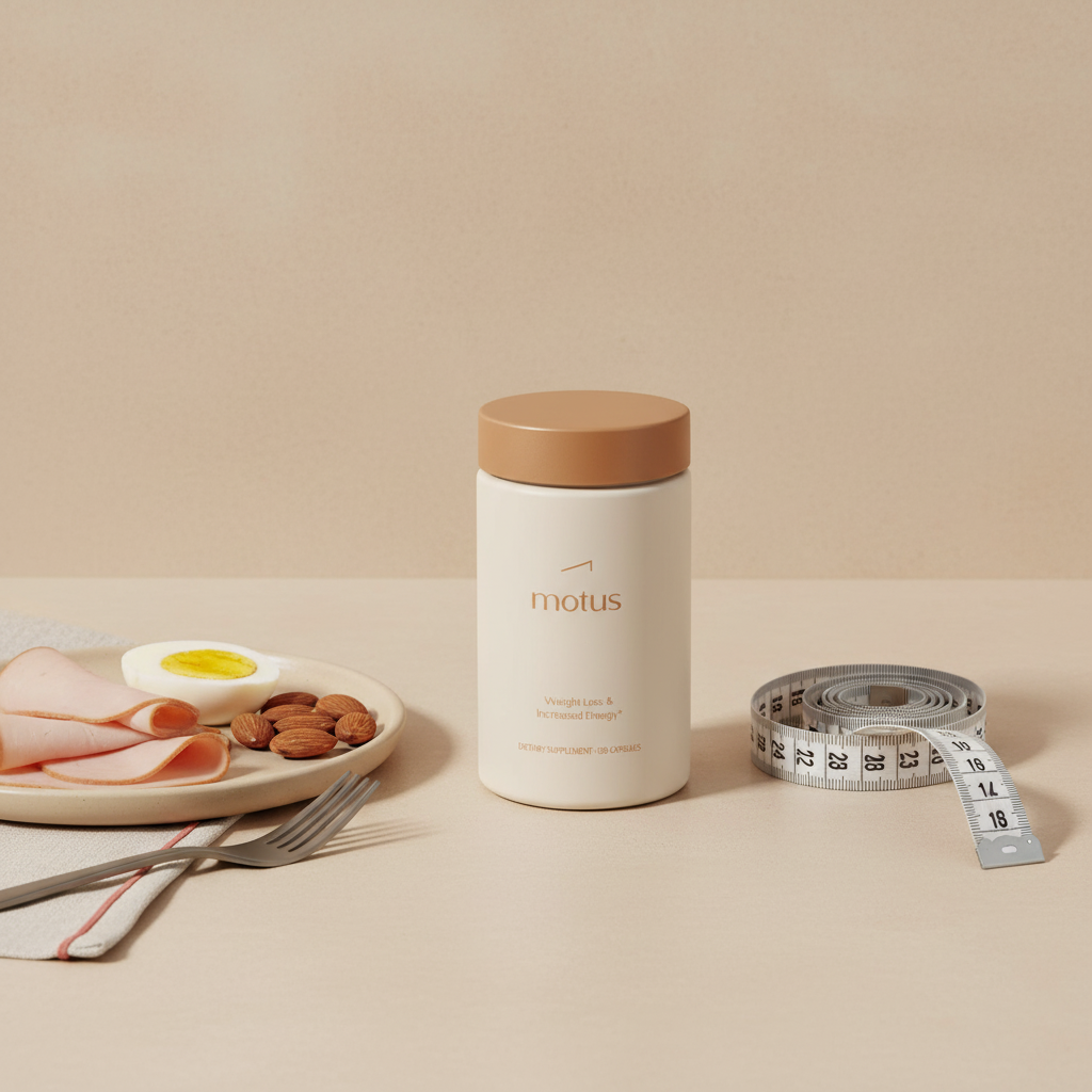 Tonum Motus supplement jar centered on a beige countertop with a measuring tape and a small plate of protein-rich food, suggesting weight management and ashwagandha cortisol belly support.