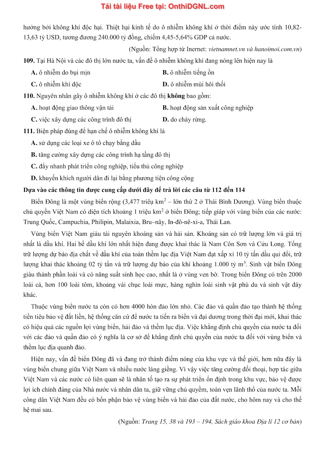 250 bài tập môn Địa Lý - Ôn thi ĐGNL ĐHQG TP HCM Phần 8