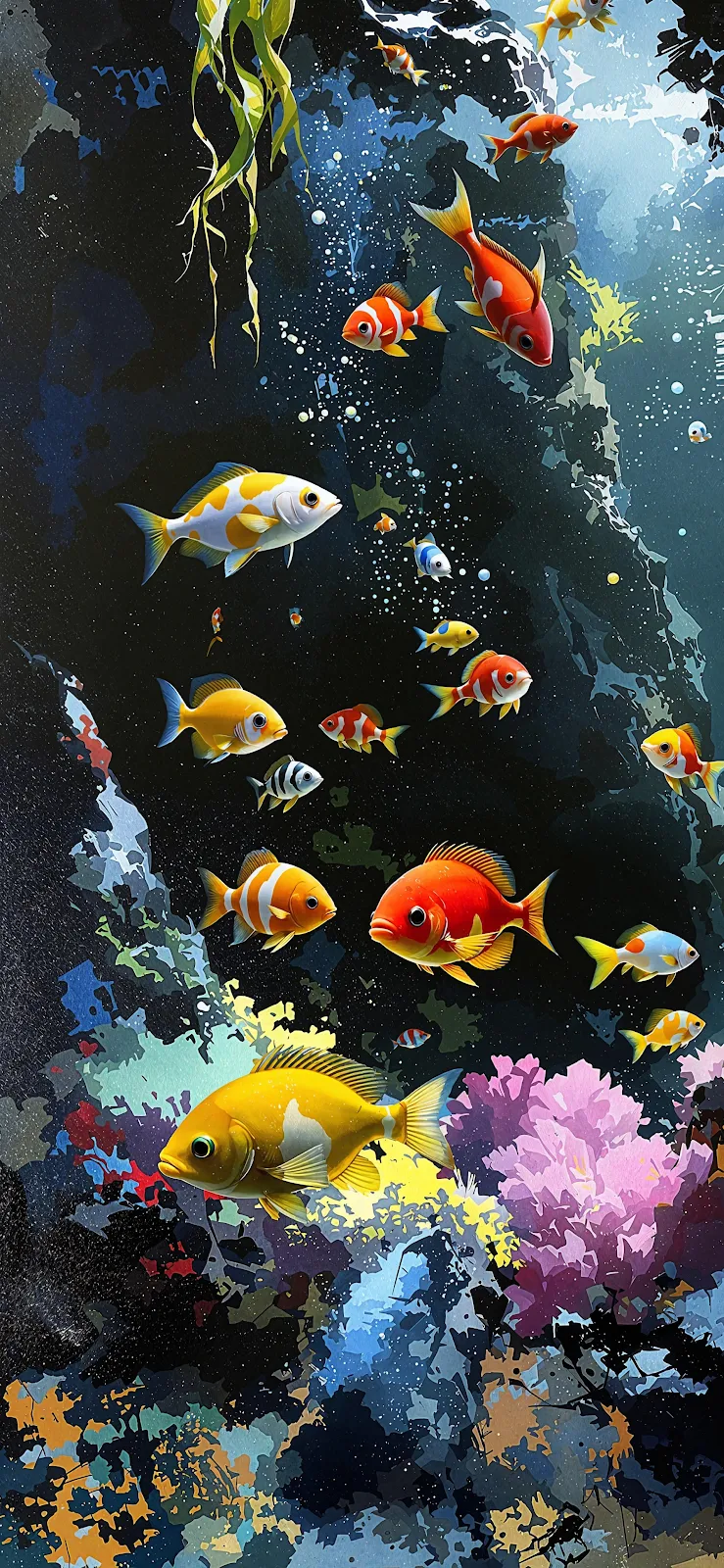 Colorful Tropical Fish Underwater - Digital Illustration 2K iPhone Wallpaper (1905x4127)