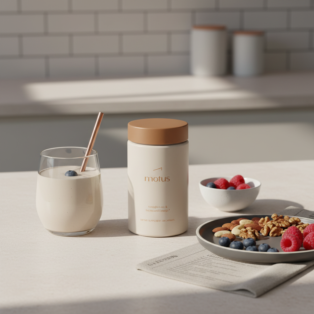 Motus supplement jar beside a clear glass high-protein shake, small plate of nuts and berries and neutral linen in a minimalist Tonum kitchen scene — best weight loss drink