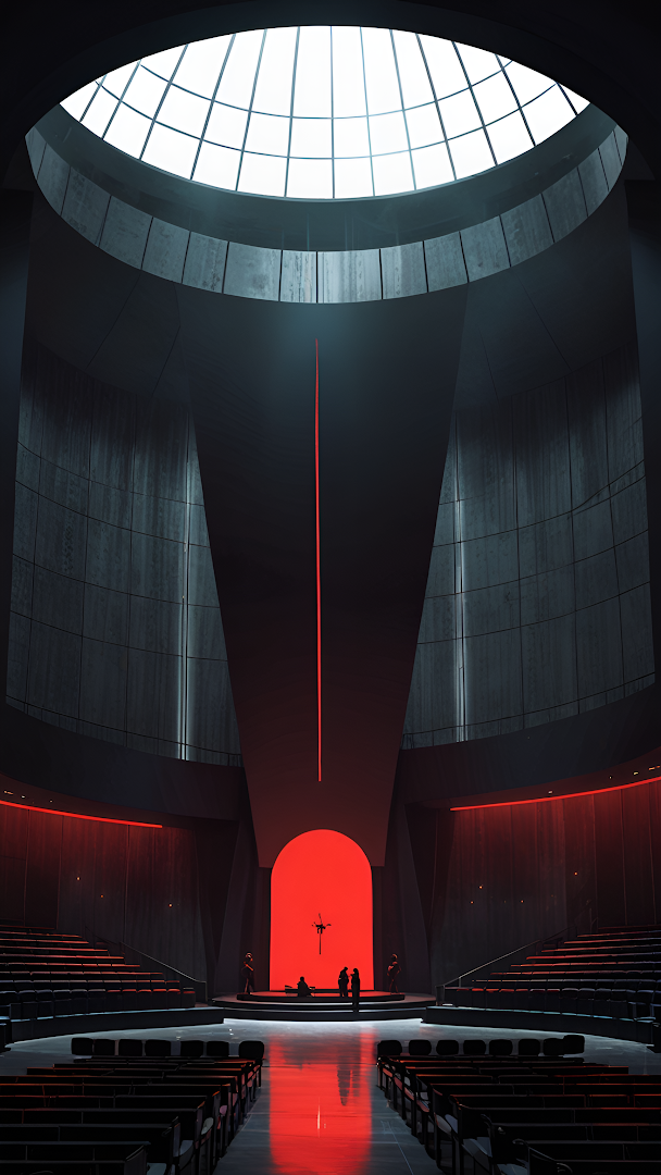 Futuristic Auditorium with Red Glow and Dome Skylight