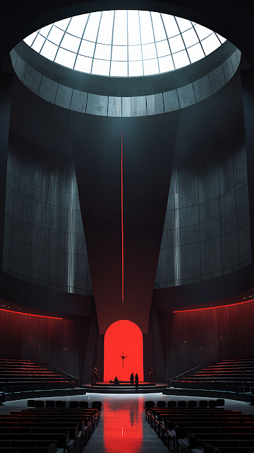 Futuristic Auditorium with Red Glow and Dome Skylight - Free mobile Wallpaper
