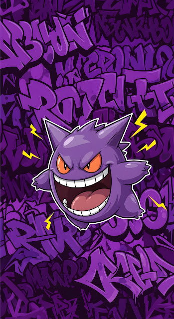 Gengar Character with Purple Graffiti Background - Free mobile Wallpaper