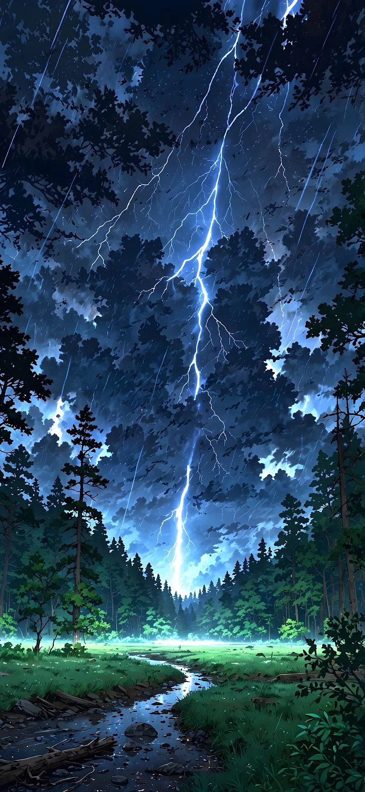 Bright Lightning Strike Over Forest - Anime Digital Art 2K iPhone Wallpaper (1890x4094)