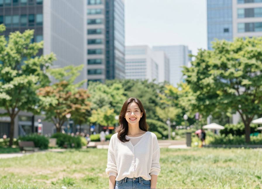 낮에 밝은 야외에서 햇빛을 즐기는 한국인 여성
