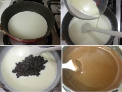 Đun ấm sữa tươi, sau đó đổ hỗn hợp bột trên vào trộn cùng, thêm 250g chocolate chip vào rồi đun liu riu trên bếp, đến khi hỗn hợp sánh lại, mịn và nhuyễn thì bắc ra, để nguội rồi rót vào ly, để nguội rồi cho vào trong tủ lạnh.