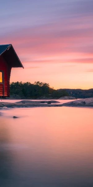 Sunset, Lake, Cabin, Scandinavia 4K Wallpaper Background