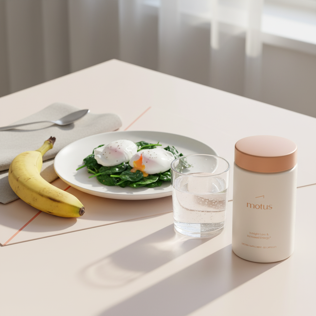 Minimalist breakfast scene with Motus supplement jar beside poached eggs, sautéed spinach, a peeled banana and a glass of water, illustrating a daily routine to lose belly fat in 7 days.