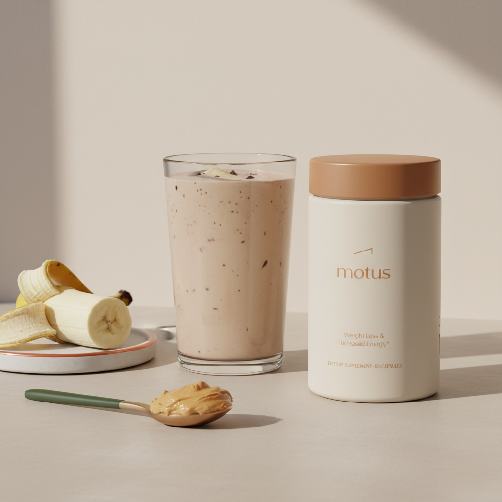 Close-up of a high-calorie homemade protein shake with Tonum Motus jar, tablespoon of nut butter and half banana on a neutral counter for how to gain weight with protein shakes