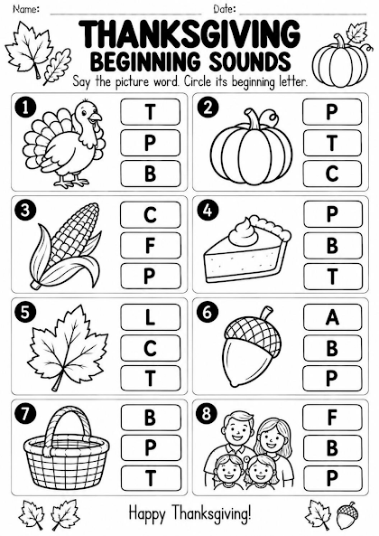 Thanksgiving Beginning Sounds Worksheet