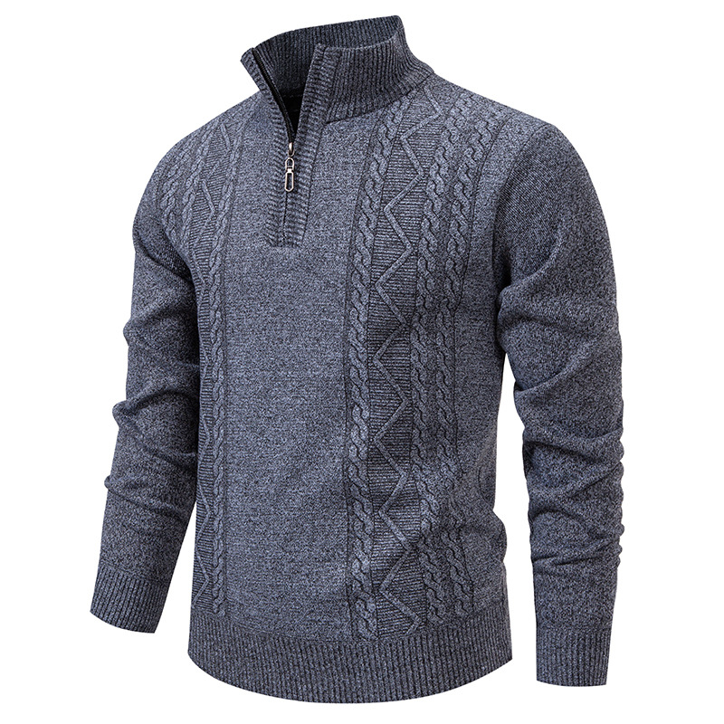 Men's knitted pullover with stand-up collar and half-zip closure