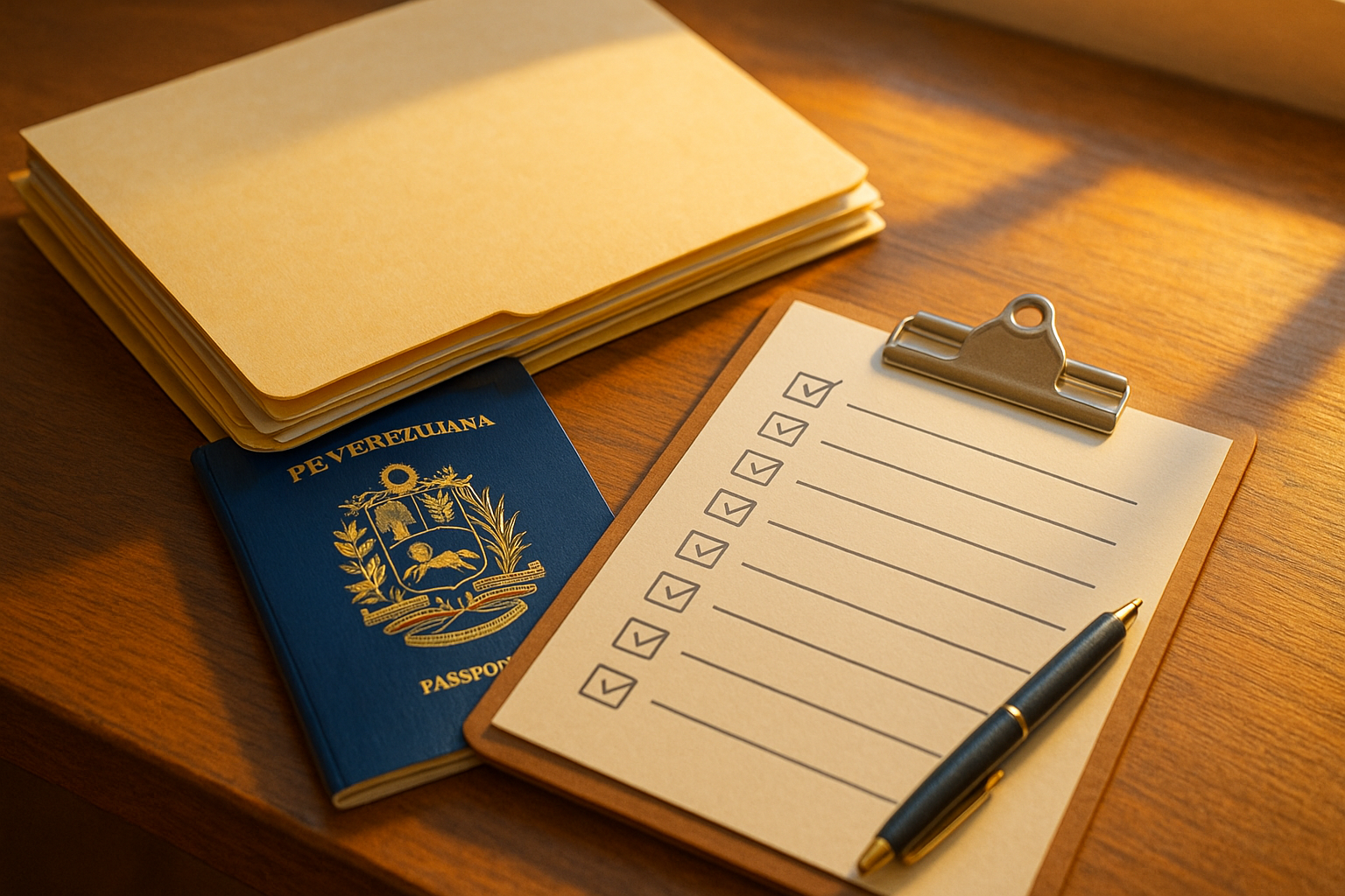 Carpeta de documentos y pasaporte sobre mesa, checklist de trámites migratorios para venezolanos
