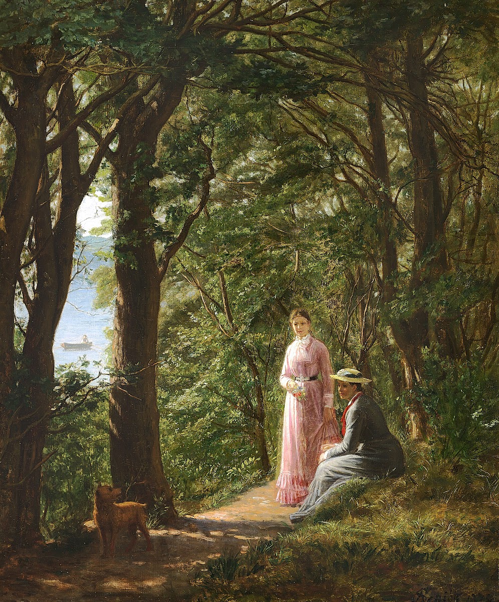 To kvinder og en hund på en skovsti med udsigt mod havet en sommerdag 1878