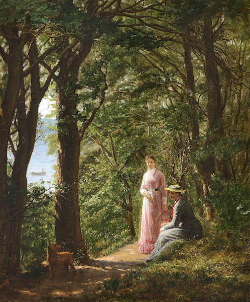 To kvinder og en hund på en skovsti med udsigt mod havet en sommerdag 1878