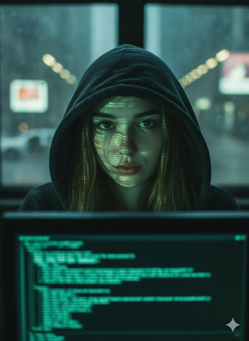 Retrato en primer plano de una joven con una sudadera oscura con capucha, cuyo rostro refleja un código digital verde, en un entorno urbano oscuro con las luces borrosas de la ciudad al fondo.